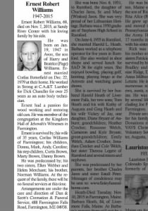 Ernest Robert Williams 1947-2015 Obituary; 13 Nov 2015 Franklin Journal and Farmington Chronicle
