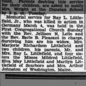 Ray Littlefield JR memorial 22 May 1945 - Portland Press Herald - Portland, ME