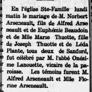 Norbert Arsenault and Marie Thuotte marriage
